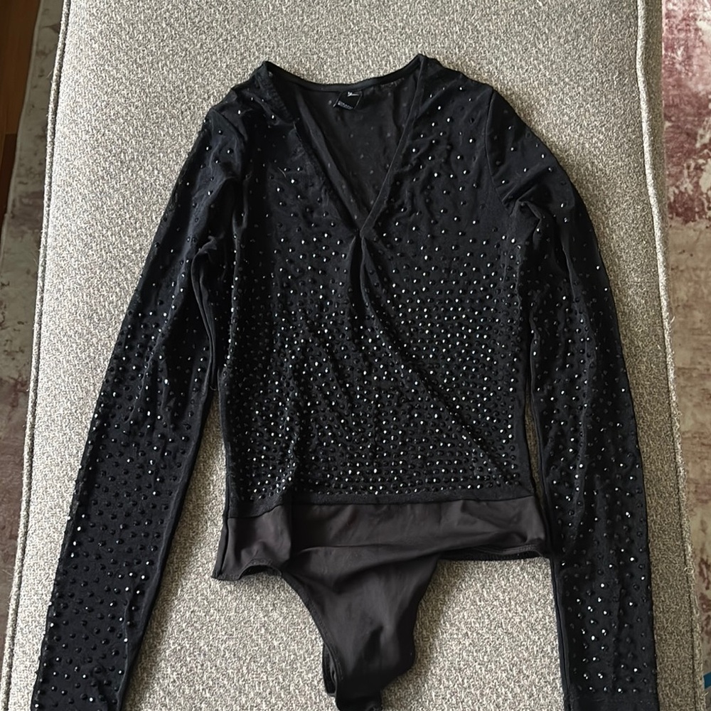 Black Long Sleeve Bodysuit with Rhinestones